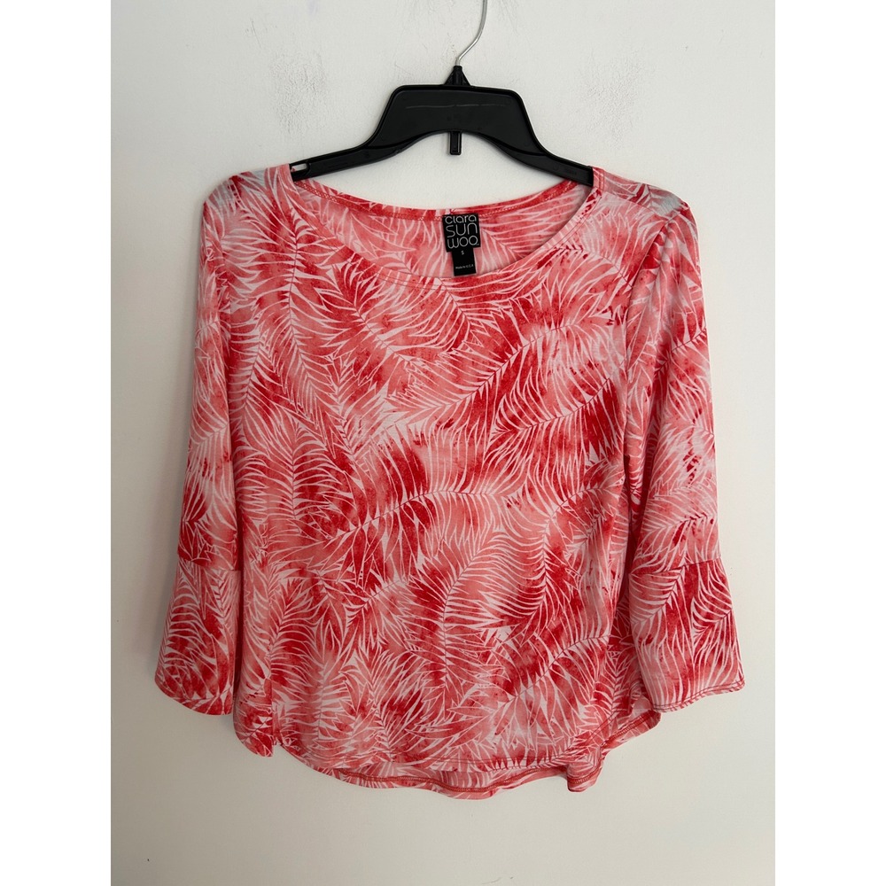 Clara Sunwoo Womens Red White Tropical Palm Print Bell Sleeve Tie Cuff Top Small